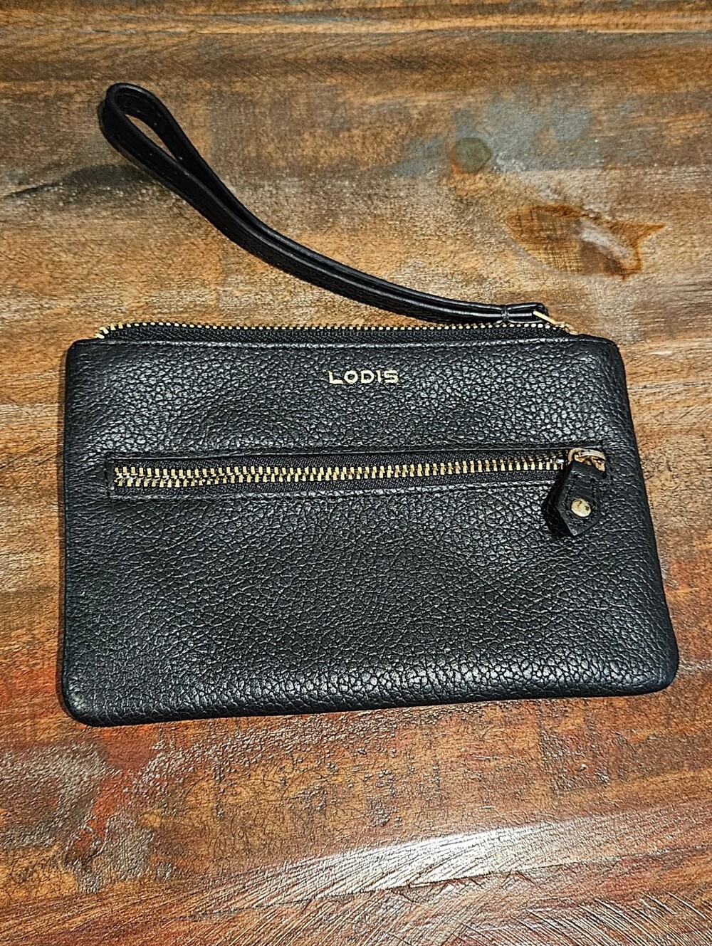 Lodis Black Pebbled Leather Wristlet Clutch Wallet